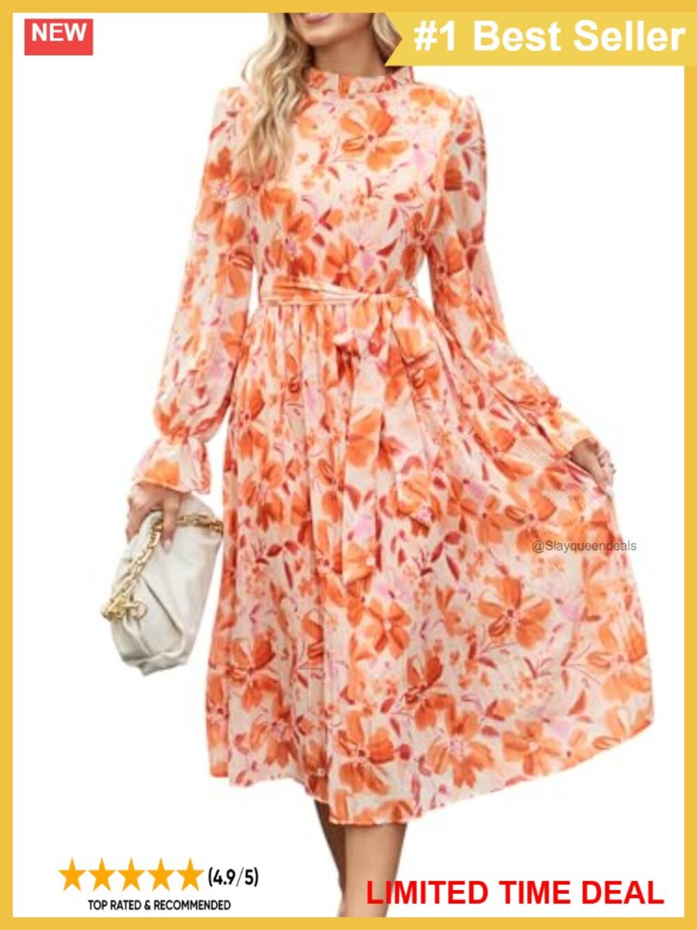 Women Floral Midi Dress Puff Long Sleeve Wedding Guest Casual A-Line
